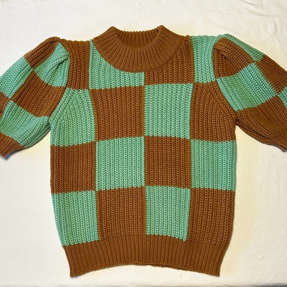 ENGLISH FACTORY (ANTHRO) MAXI CHECK, PUFFY SHORT SLEEVE, CHUNKY GUAGE SWEATER - Picture 2 of 5